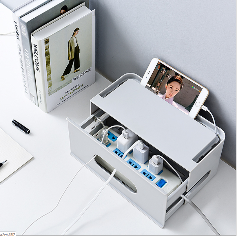 Storage Box and Cable Organizer with Power Strip Protection